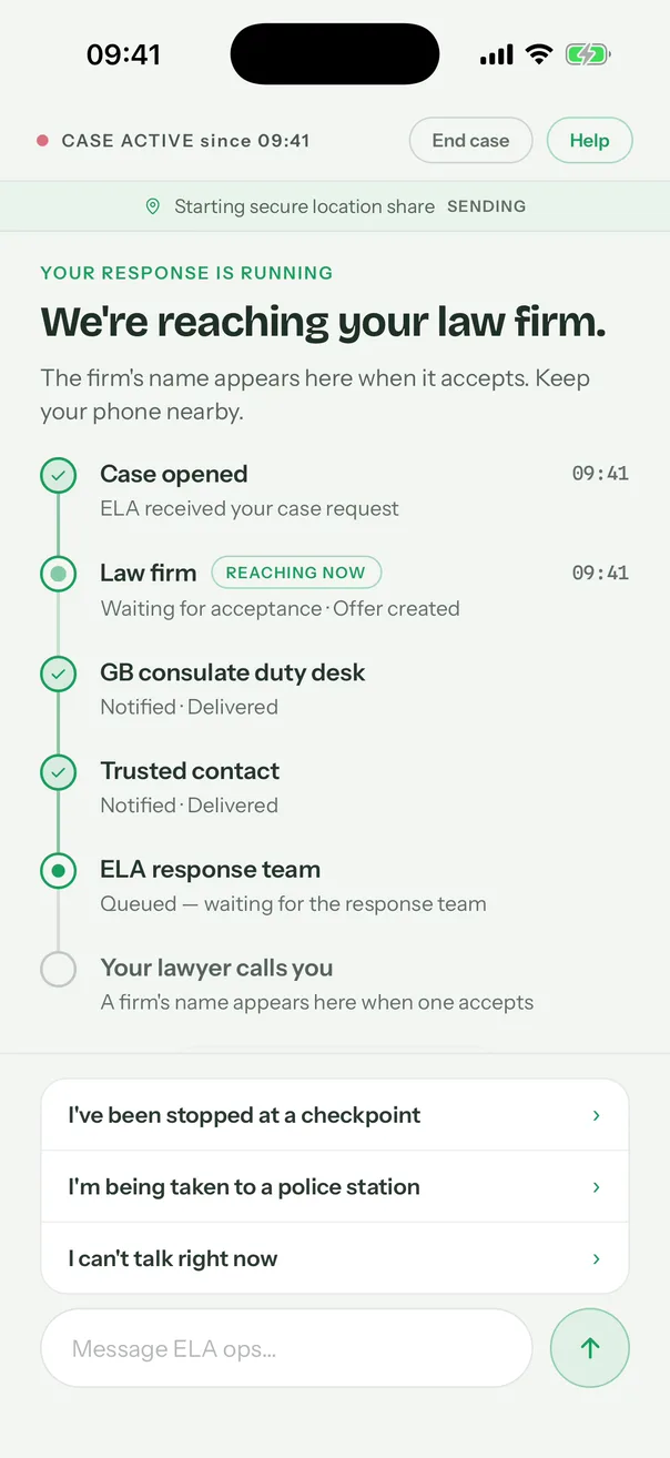 After the hold, the live case: Your response is running, We’re reaching your law firm, then Case opened, Law firm reaching now, GB consulate duty desk notified, Trusted contact notified, ELA response team queued