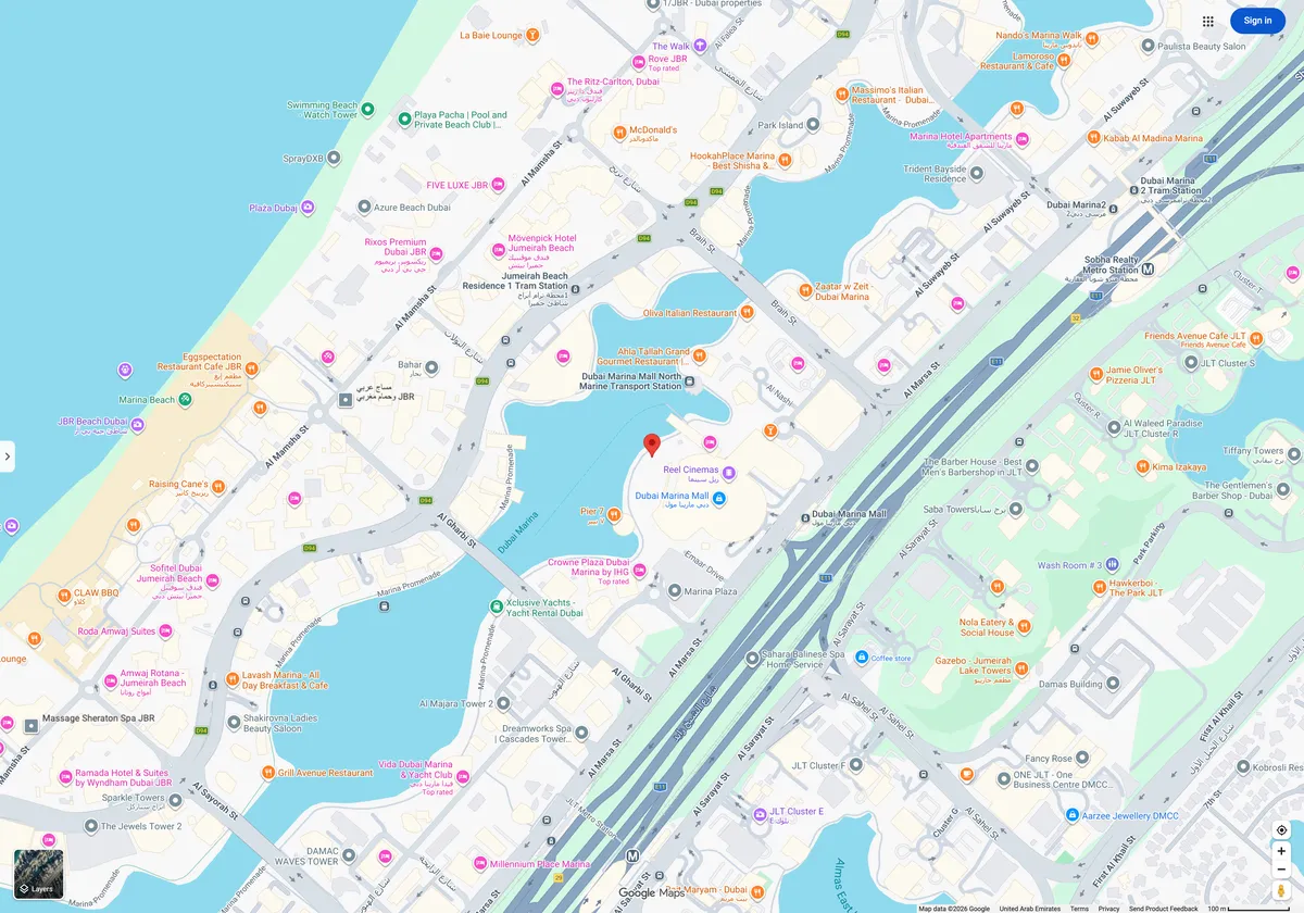 The private link open in a browser: a live map pin in Dubai Marina, on Google Maps