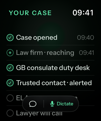 Apple Watch, Your case: Case opened, Law firm reaching, GB consulate duty desk, Trusted contact alerted